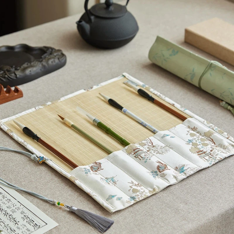 Bamboo Calligraphy Brush Curtain Roll Up Pen Holder Traditional Chinese Painting Brush Storage Pouch Portable Art Brush Case