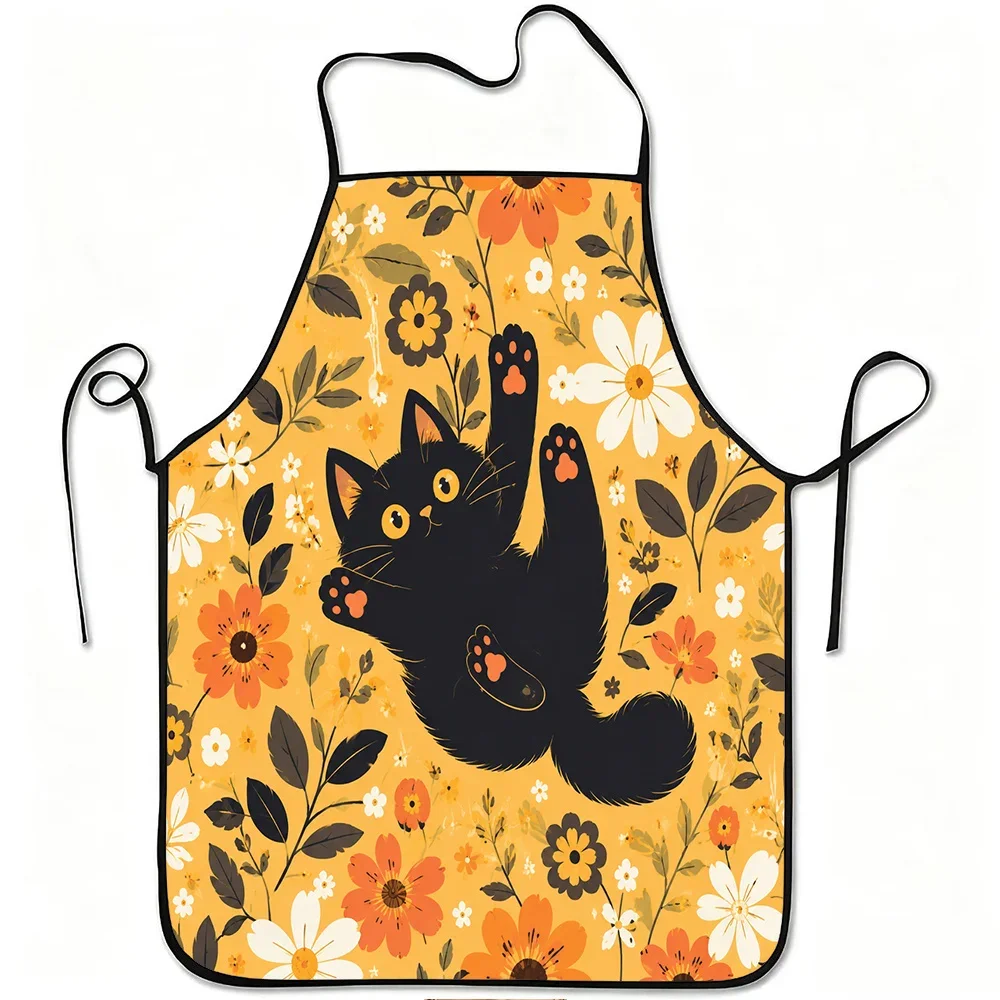 1pc Black Cat and Floral Print Apron, Durable and Easy to Clean, Adjustable Waistband, Polyester Material, for Kitchen Cooking,