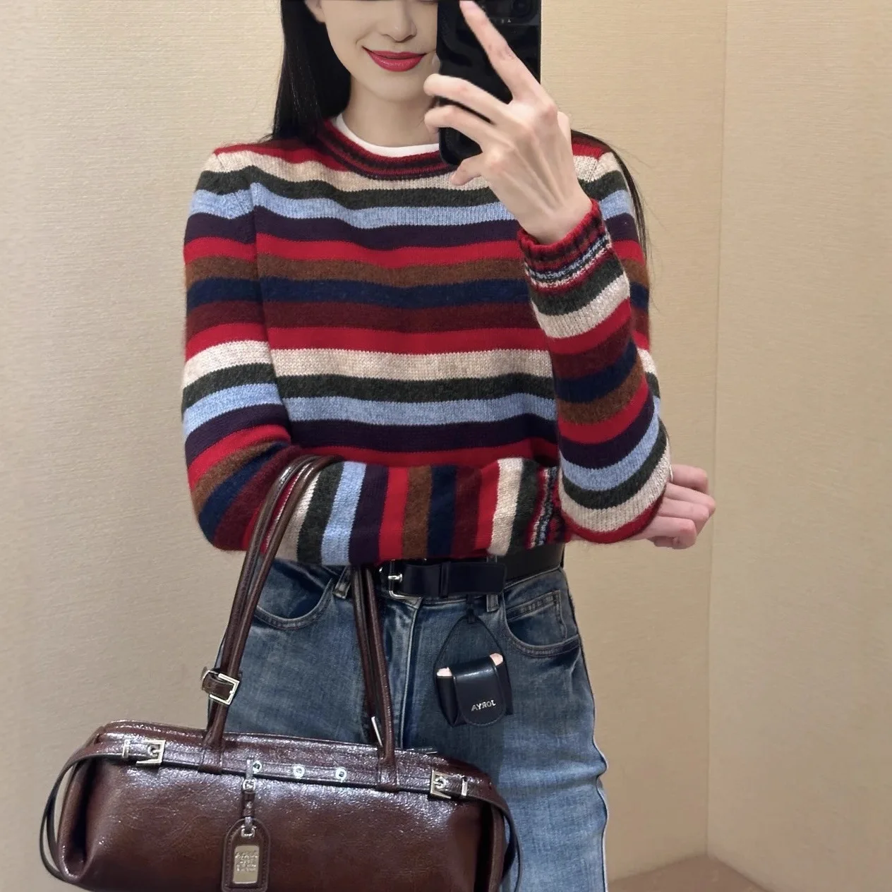 

Women's round neck long sleeve striped knitted sweater casual versatile colorful office ladies elegant top