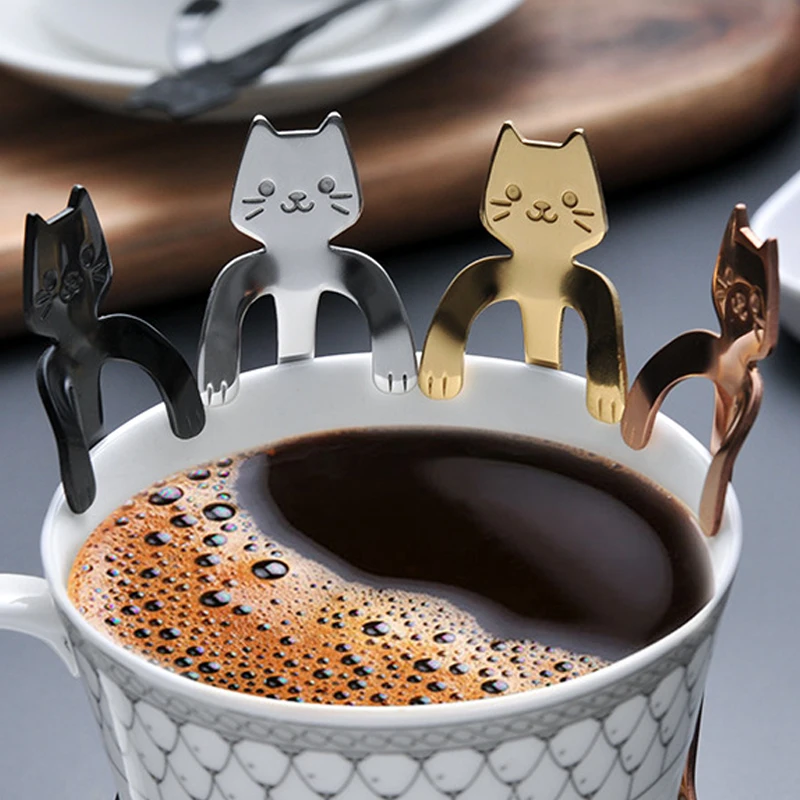 Desenhos animados Gato Colher De Café, Colheres De Aço Inoxidável, Talheres, Sobremesa, Snack Scoops, Leite Sorvete Colheres Pequenas, Ferramentas De Cozinha, 4Pcs