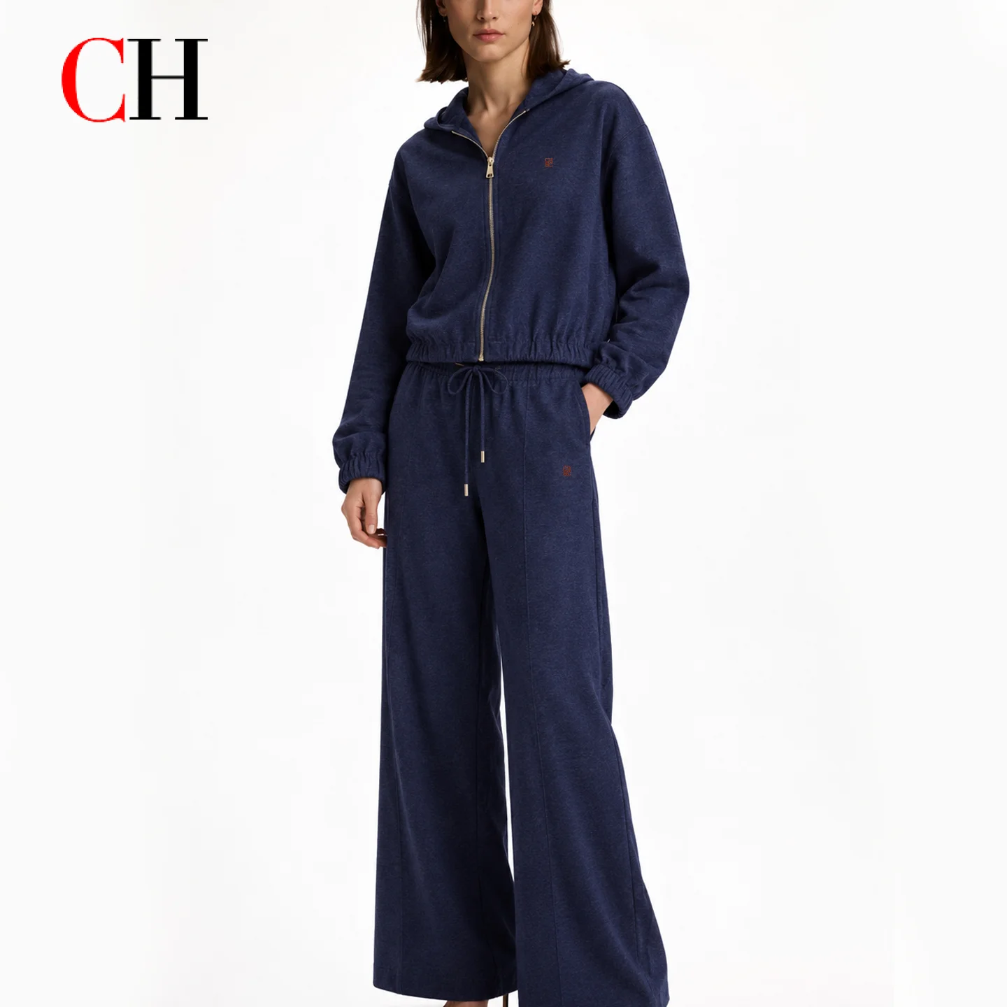 CH Women Navy Blue Tracksuit Set Hoodie Jacket Wide Leg Pants Casual Loose Fit 2 Piece Jogging Suit Fashion Outfit