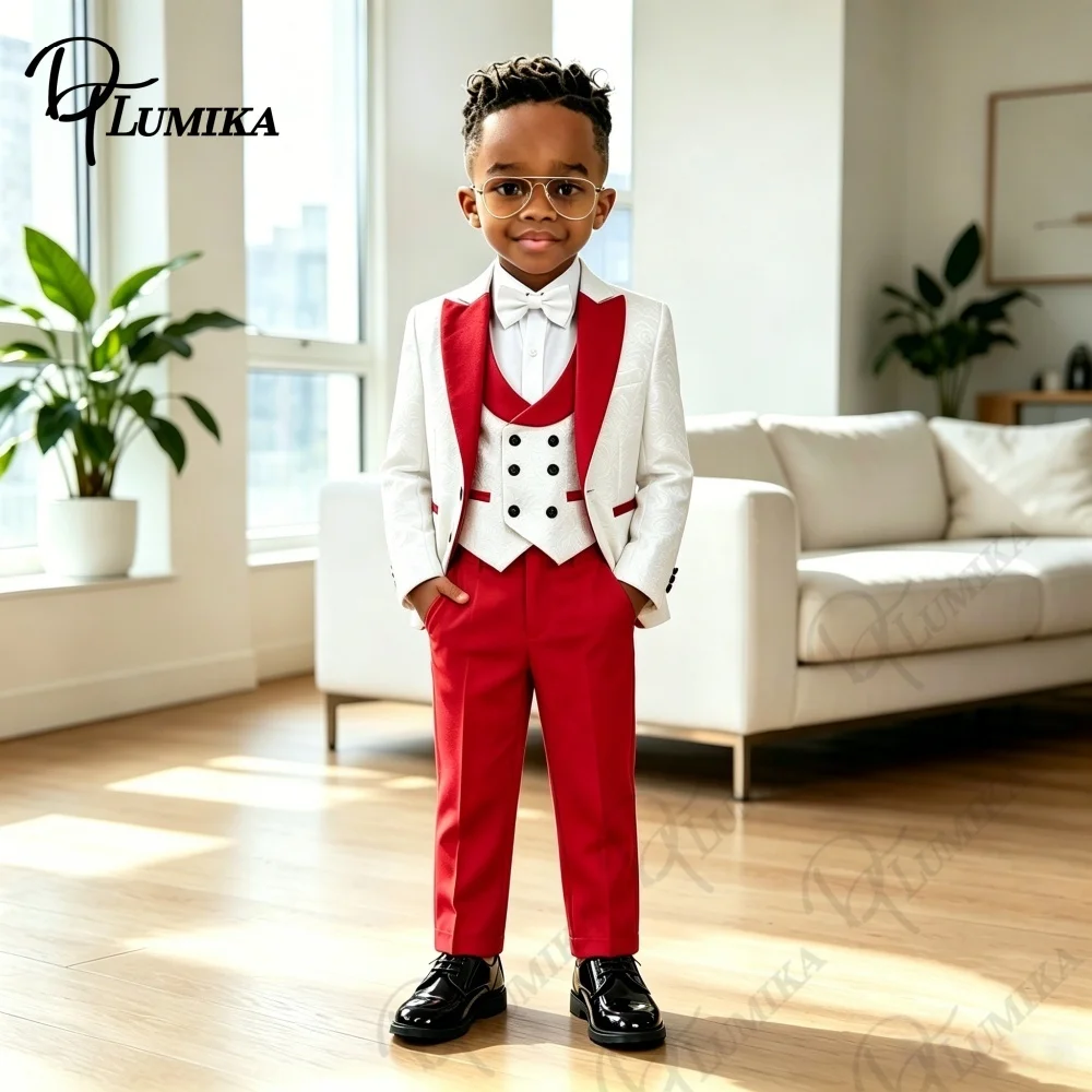 Elegant Jacquard Boys 4Pcs Suit Set 2026 Red Lapel Blazer Waistcoat Pants Bowtie Formal Outfit For Toddler Kids Wedding Prom
