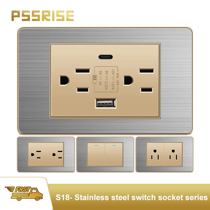 

PSSRISE Thai US Standard Wall Light Switch Power Socket With 2.1A USB Type-c Port Gold Stainless Steel Panel TV Computer Outlet