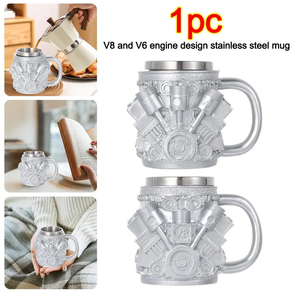 Kreativer Mehrzweck-Edelstahlbecher V8 & V6 Motor-Design 15oz Kaffeebecher Teetasse Restaurant