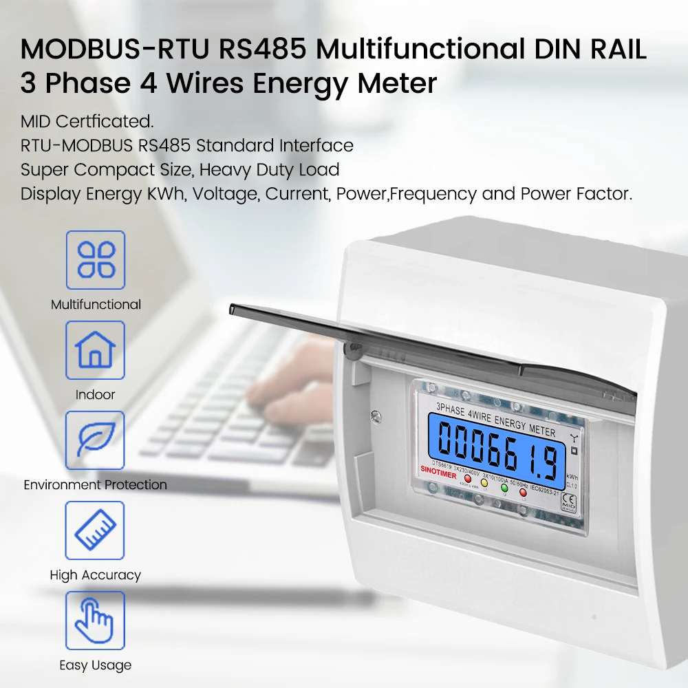 New Din Rail 3 Phase 4 Wire Electronic Watt Power Consumption Energy Meter kWh 100A 380V AC 50Hz LCD Backlight Display Wattmeter