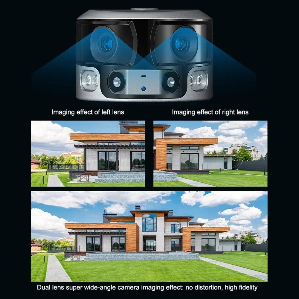 كاميرا 4K 8MP تعمل بالطاقة الشمسية بعدسة مزدوجة 4G كاميرا WIFI خارجية 180 °   كاميرا مراقبة للكشف عن الإنسان PIR ذات رؤية واسعة جدًا، كاميرا صوتية ثنائية الاتجاه