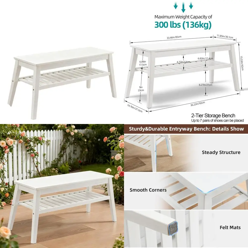 

Белая двухуровневая бамбуковая скамейка для хранения вещей для внутреннего и наружного использования, подходит для прихожей, крыльца, гостиной и спальни, опоры