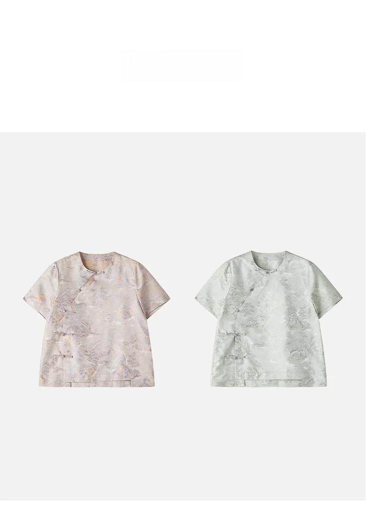 

JINGJING QingLan 100% шелковая блузка с коротким рукавом в китайском стиле, ручной работы, с круглым вырезом, модель 23 Mumie