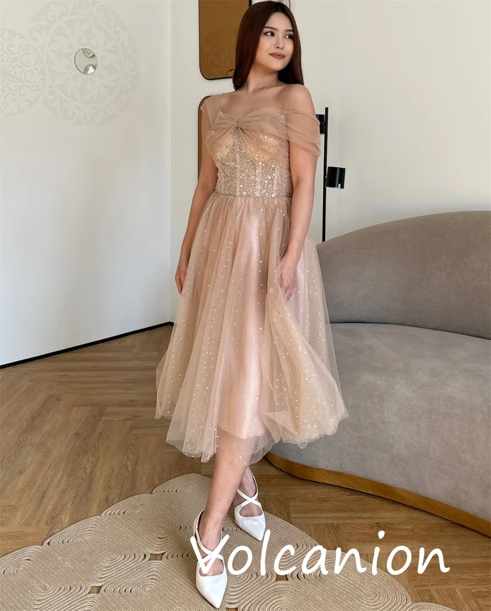Customized Sparkle Fashion Organza Sequined Pleat A-line Off-the-shoulder Midi Dresses Bespoke Occasion Sexy