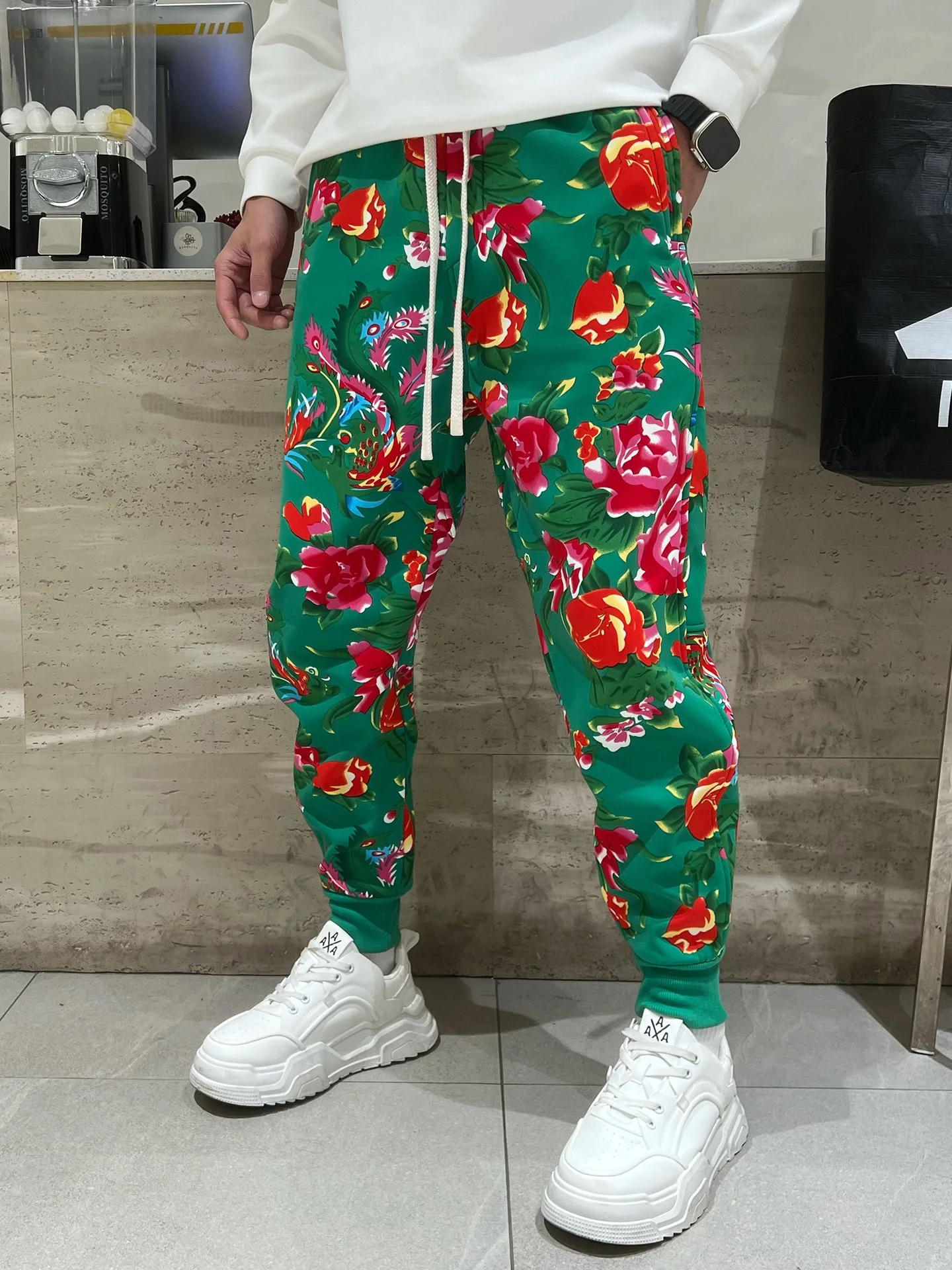 

Мужские утепленные брюки премиум-класса на флисовой подкладке для танцев и фитнеса, с дизайном «Большой цветок Северо-Востока», красные, для празднования Нового года