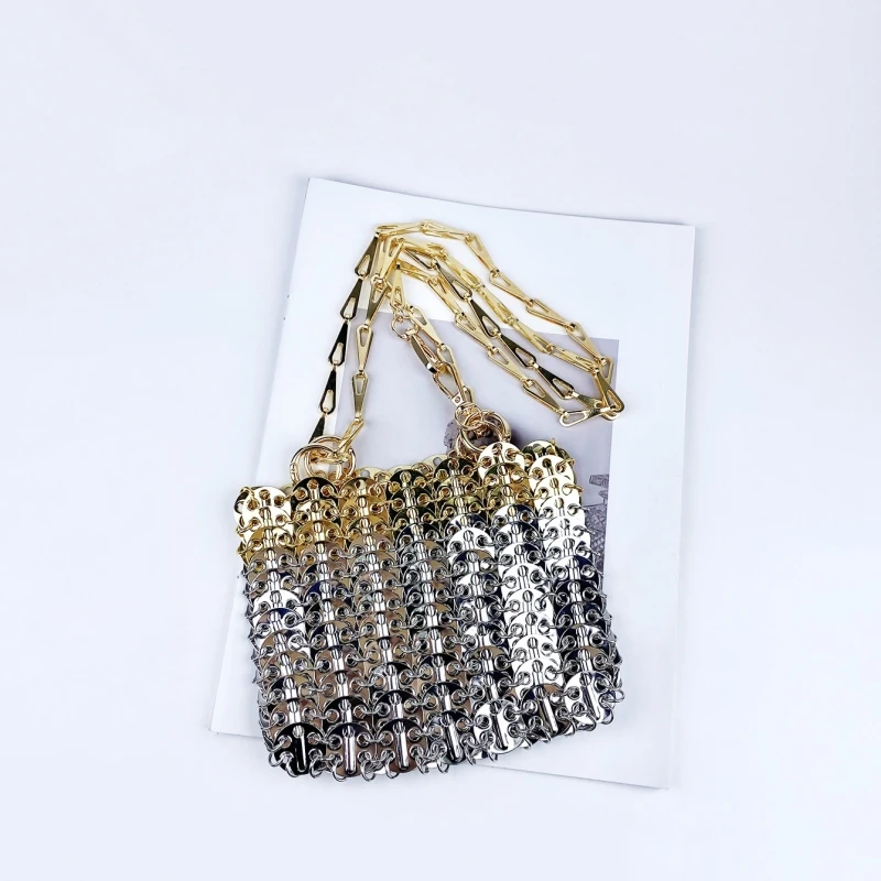 

Designer Hand Woven Metal Sequins Chain Gold Silver Splicing Evening Bag Luxury Wedding Dance Cocktail Party Shoulder Bag