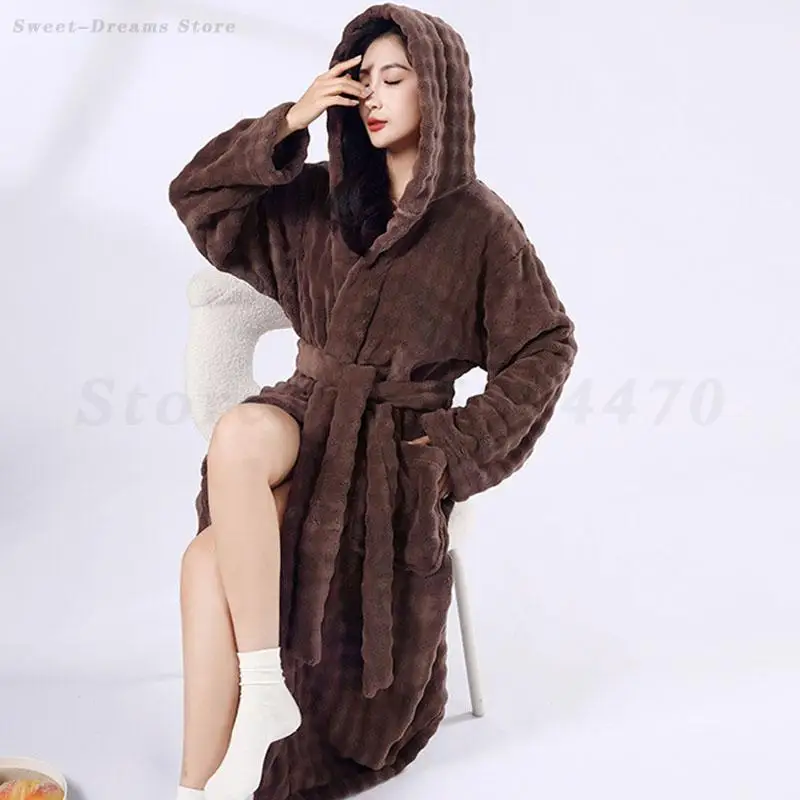 

Autumn Winter New Female Robe Flannel Sleepwear Nightgown Home Clothes Loose Hooded Bathrobe Nightwear Coral Fleece Loungewear