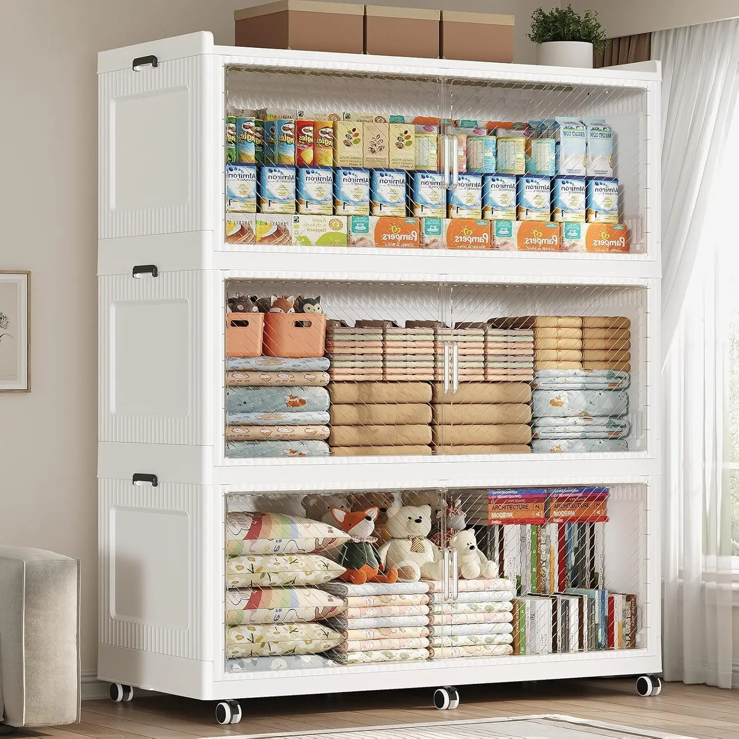 

240GAL Extra Large Storage Bins with Lid, 960QT Collapsible Organizer with Wheels, Stackable Closet Cabinet with Doors, Folding