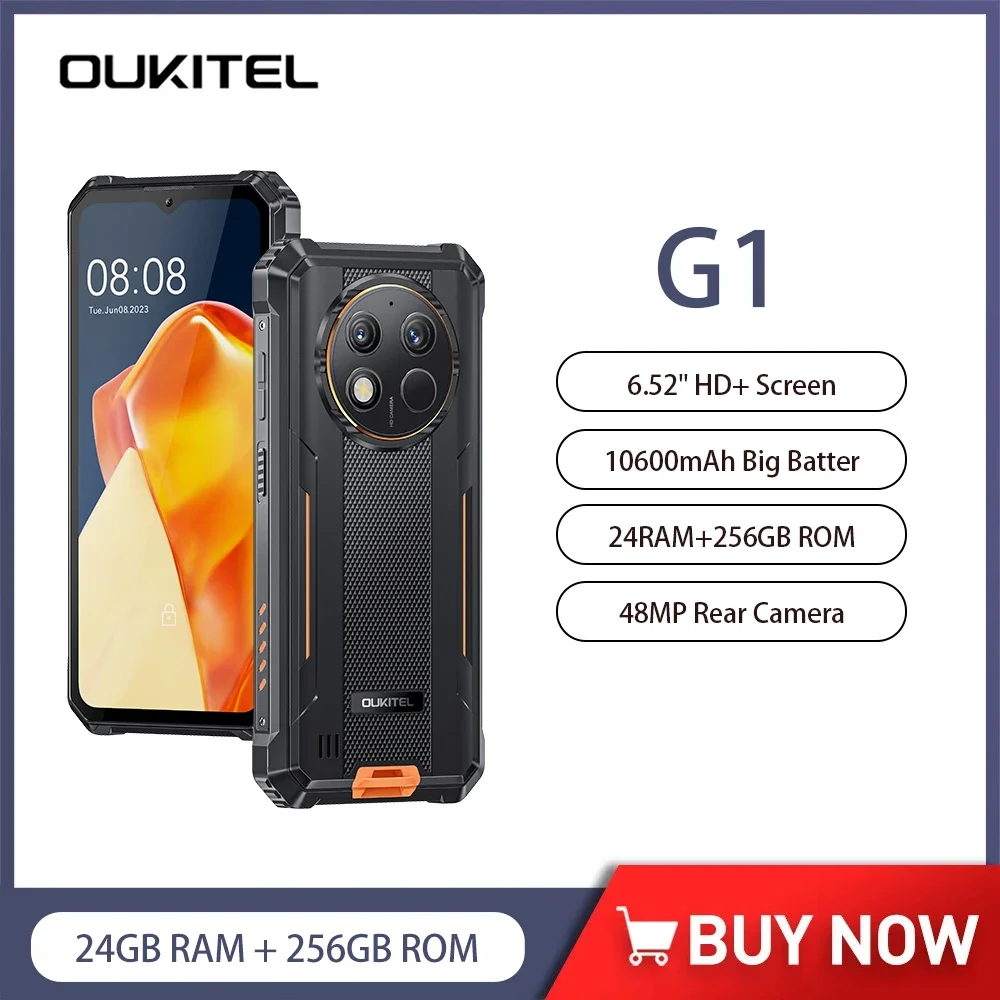 Oukitel G1 Wytrzymały smartfon 6,52 cala HD + 24 GB RAM + 256 GB ROM Telefon komórkowy 48 MP Kamera 10600 mAh Bateria Android 14 Telefon komórkowy NFC