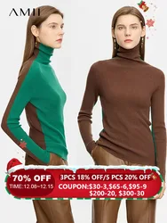 AMII Minimalist Turtleneck Sweater Women 2023 Color Contrast Autumn New Slim Top Knitted Base Female Spliced Pullovers 72343024