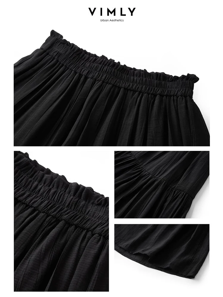 Vimly Black Elegant A-line Women's Midi Skirt 2024 Spring Simple Elastic Waist Solid Thin Female Skirts Women's Clothing M6079