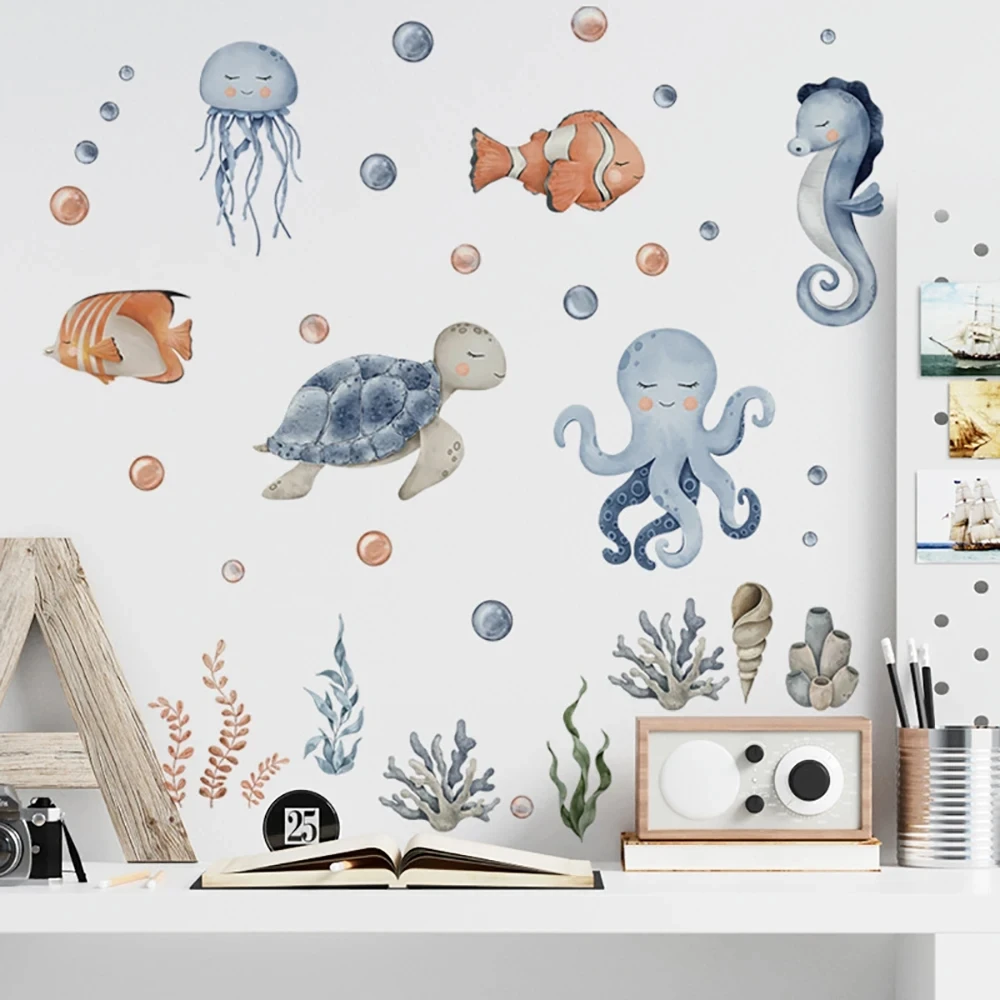 Cartoon Blue Ocean Sea World Clownfish Octopus Turtle Hippocampus Wall Sticker Kids Room Bathroom Decor Decal Wallpaper Poster