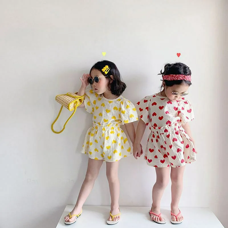 Summer Girls' Suit Baby Foreign Style Children's Personalized Tide Brand Korean Love Pure Cotton Gauze Short-sleeved Shorts