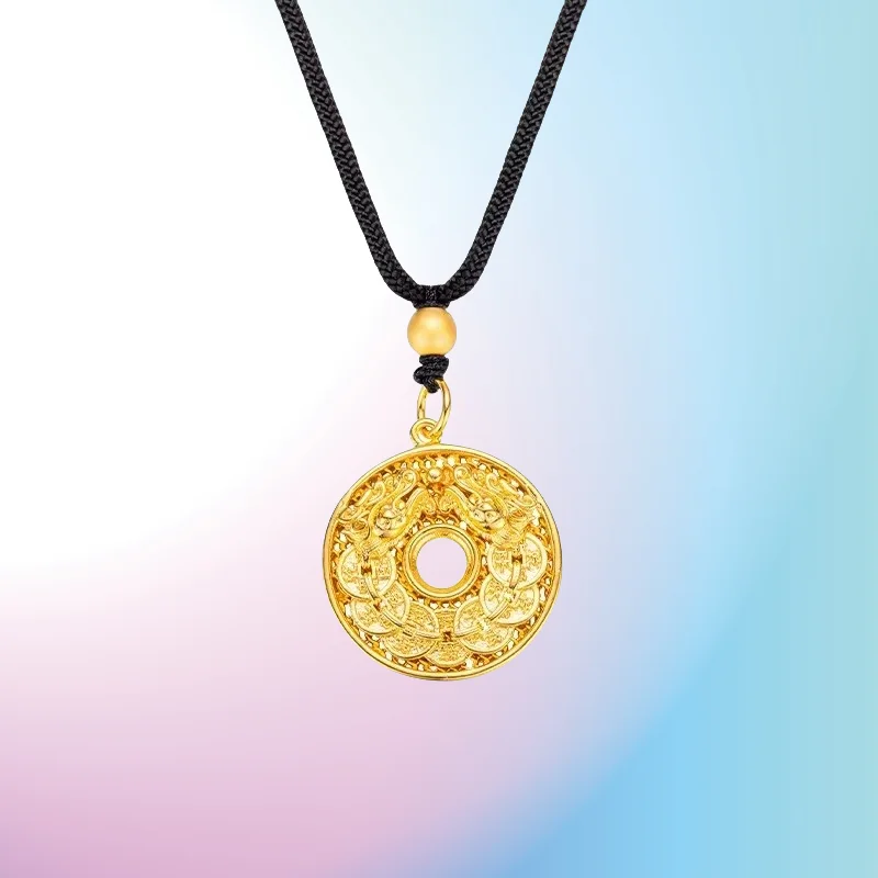 

NEW 9999 Real Gold 24K Ancient Qianlong Brand Lucky Treasure Pendant High-end Flower Silk Hollow Qianlong Tongbao Coin Pendant
