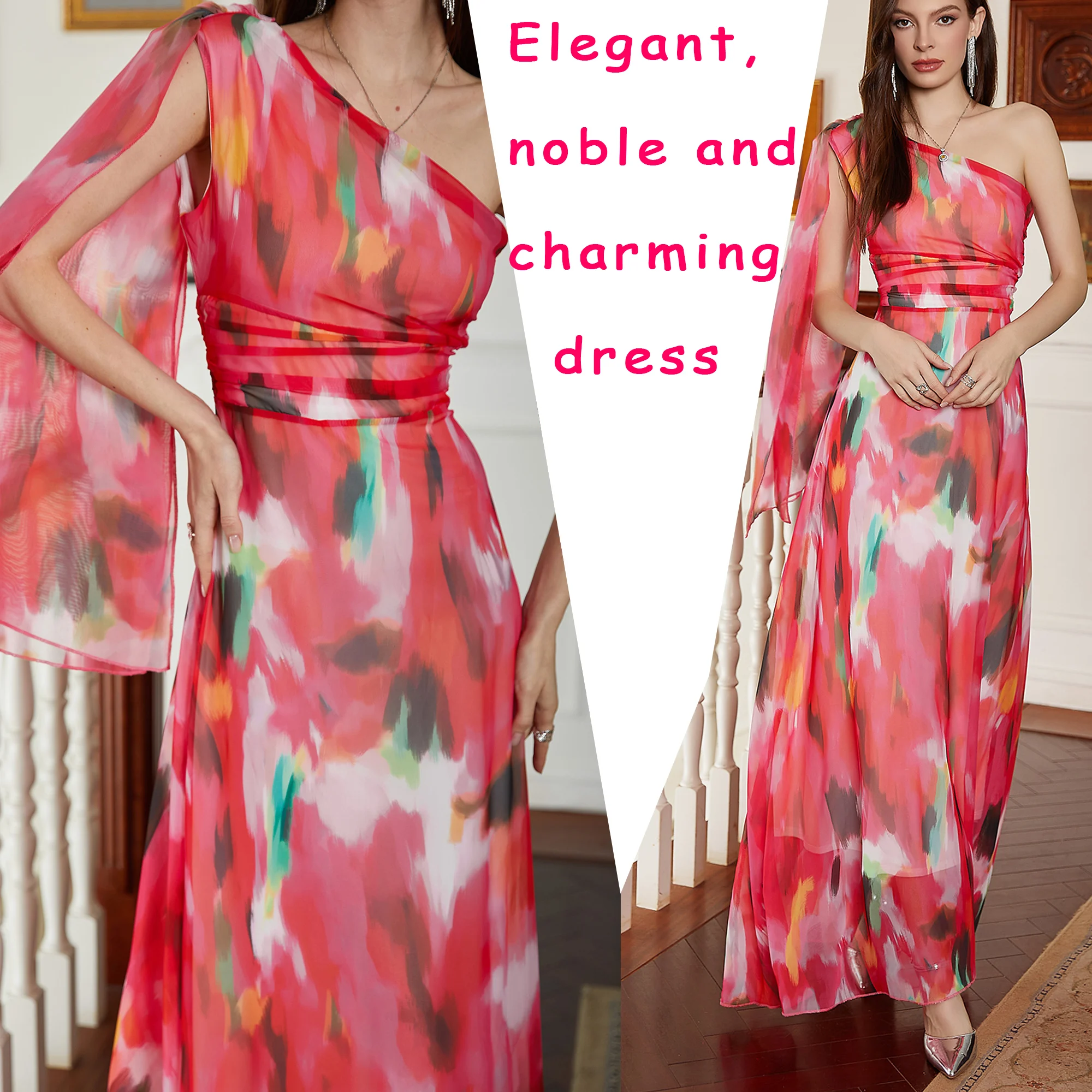 

Women's Summer Rainbow Printed Evening Dress Elegant and Sexy Beach Ruffle Slant Neck Shawl Sexy Long Dress