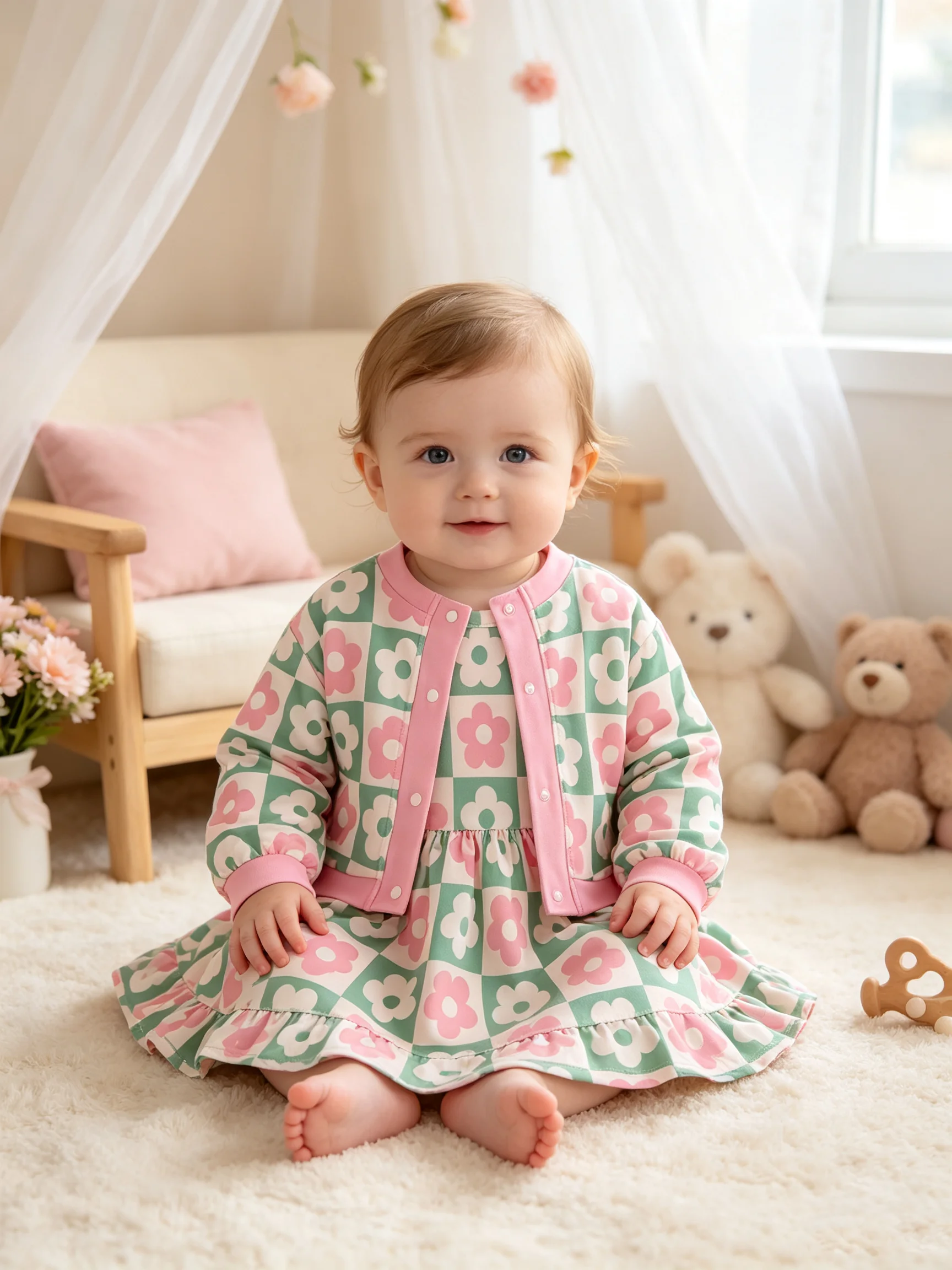 Four season children's clothing set, casual floral print long sleeved cardigan top+floral print sleeveless dress set