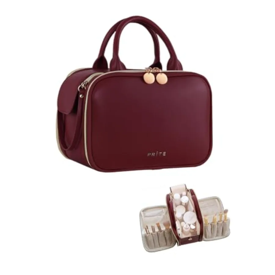 Bolsa de Maquiagem Prite para Mulheres, Grande Capacidade, Organizador de Cosméticos à Prova d'Água, Bolsa de Higiene Portátil que Abre Completamente com Suporte Independente