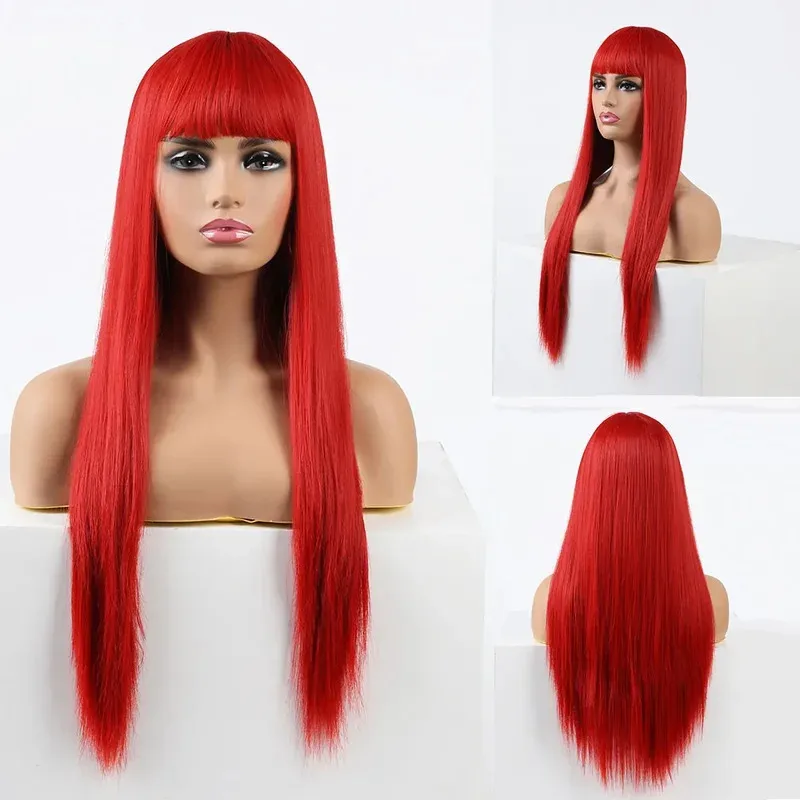 2025 aaa QQXCAIW 긴 직선 코스프레 가발(뱅 포함) 여성용 합성 머리 와인 레드 핑크 블랙 내열성 가발