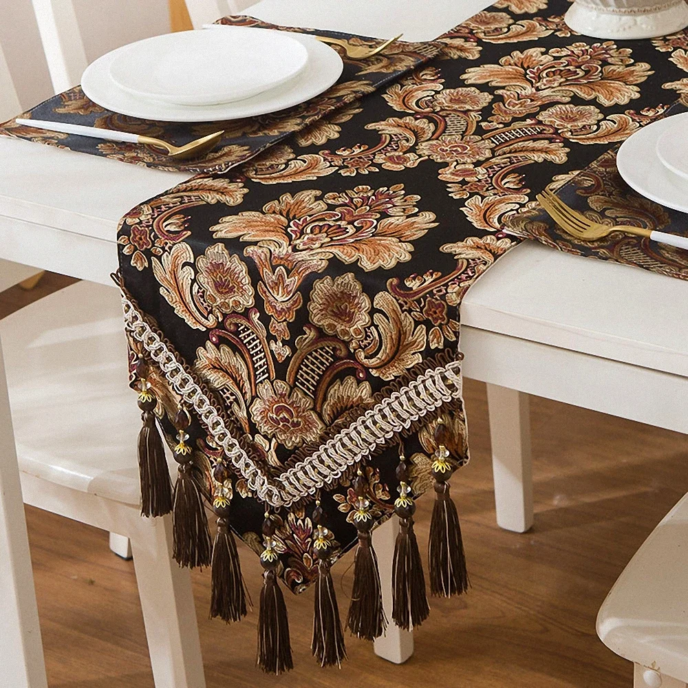 

Classical European Jacquard Table Runner Tablecloth With Tassel for Wedding Birthday Party Hotel Square Table Cover Desk Cloth