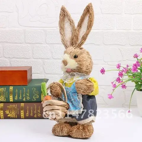 32cm Handmade Figurine Standing Bunny Ornament with Carrot Straw Rabbit for Easter Home Decorations Dolls Kids Gift Statue