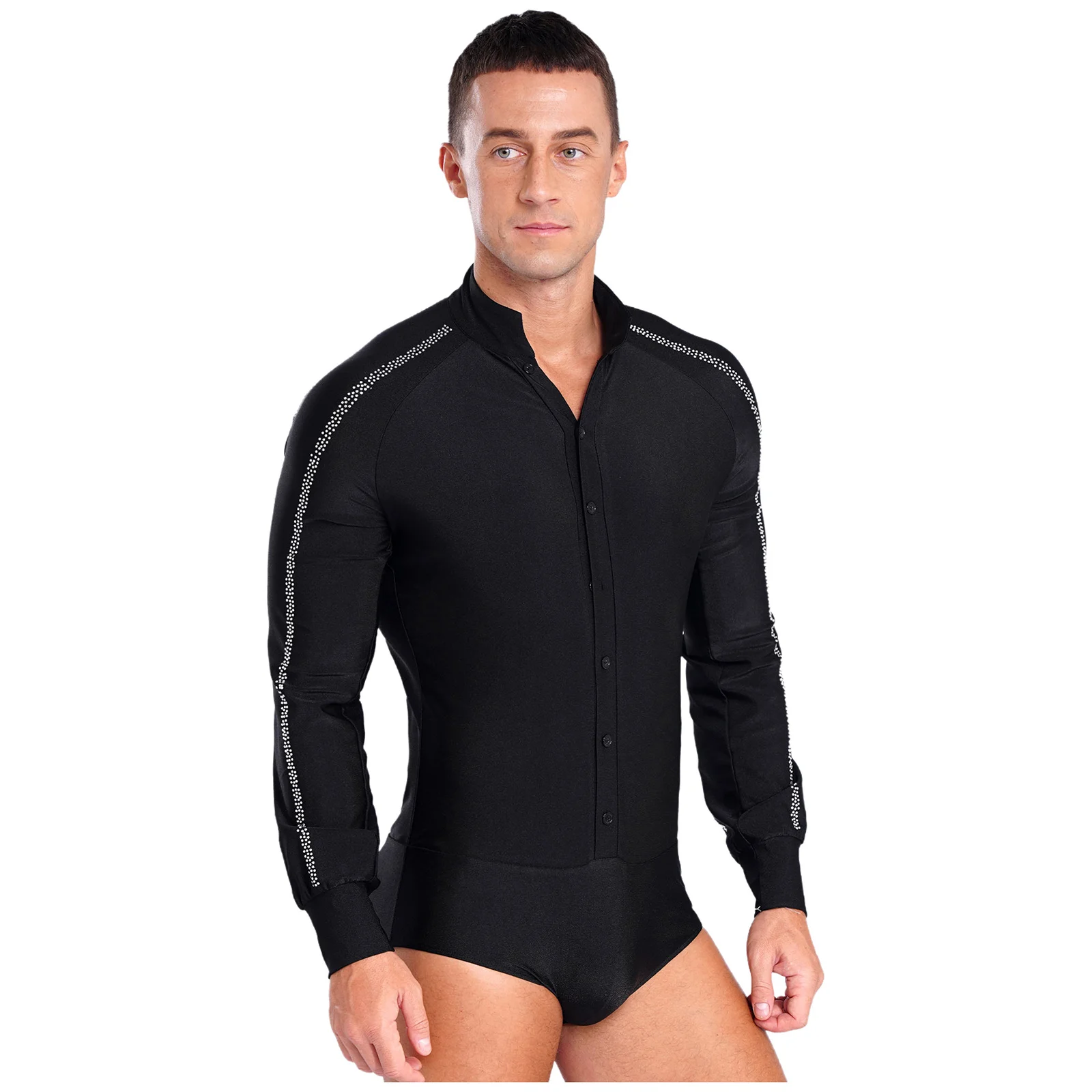 Mens Long Sleeve Button Down Latin Dance Shirt Leotard Bodysuit Ballroom Tango Rumba Salsa Performance Costume Dancewear