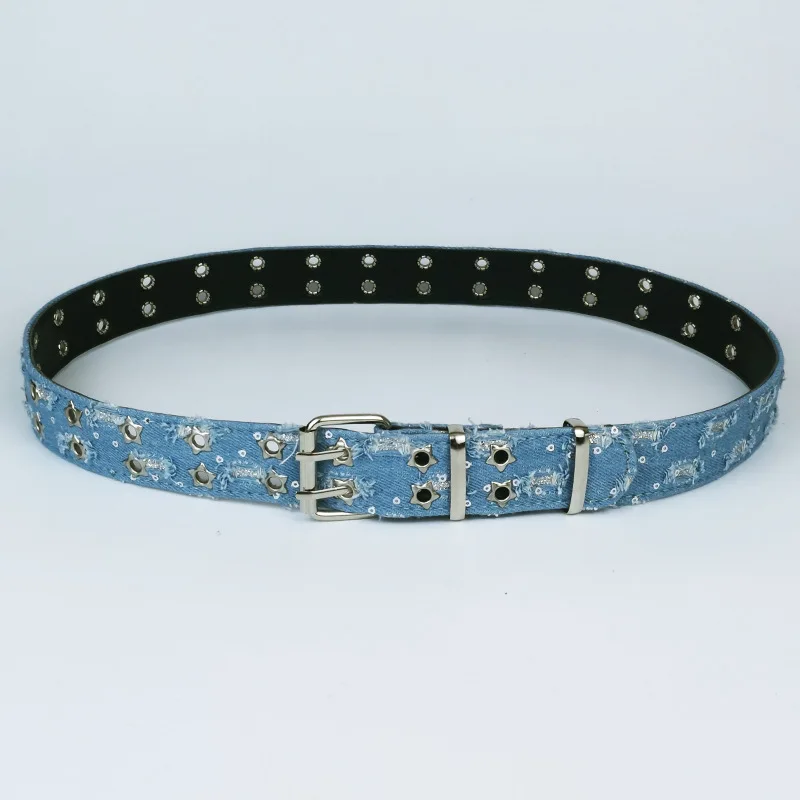 Popular Girls Blue Denim Belt New Summer All Women 2025 Jeans Student Korean Style Casual Fashion Black Fabric Hole