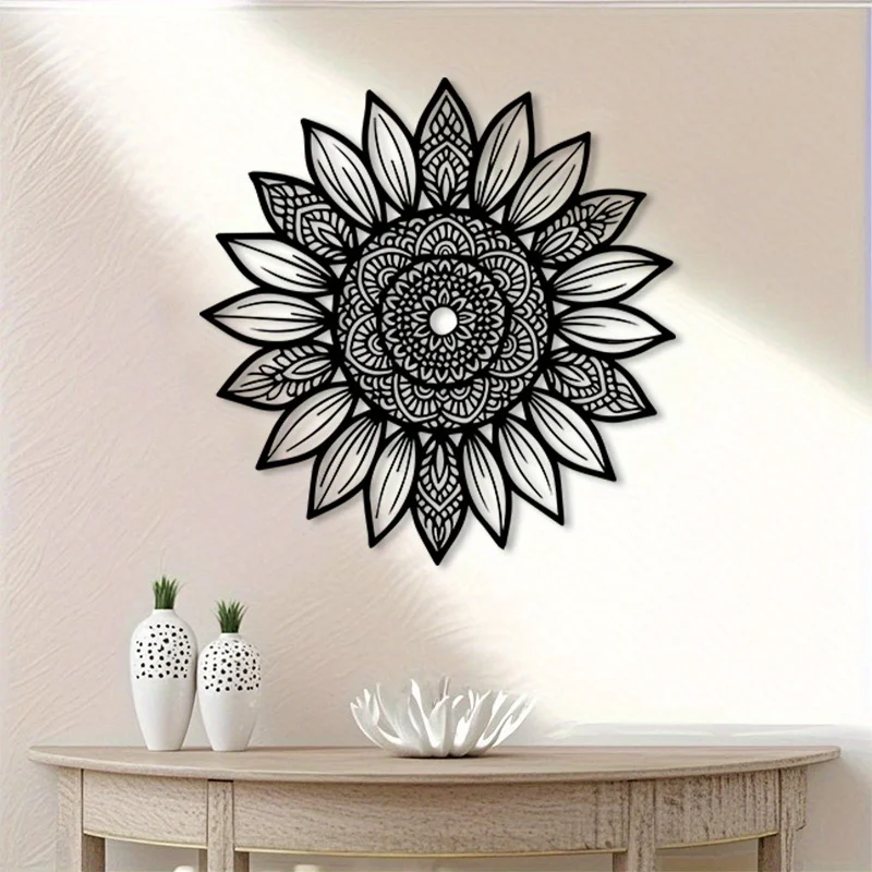 Boho Iron Metal Wall Art, Sunflower Mandala Decor, Powder Coated Rustproof Weatherproof, Vintage Black White Pattern