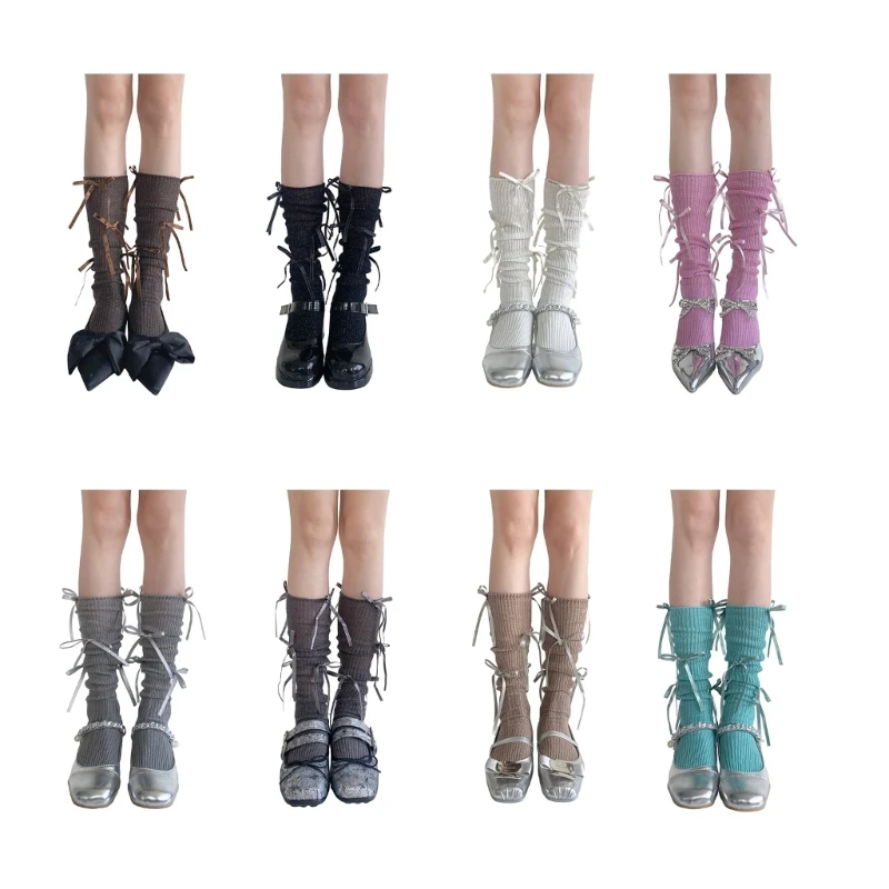 Japanese Shimmering Rib Knitted Over the Calf Socks for Women Girls Ribbon Bowknot Slouch Long Stockings