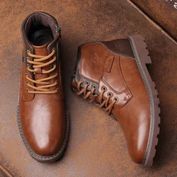 Leather Men Ankle Botas Plus Size Retro High Top Shoes Outdoor Work Casual Shoes Motorcycle Combat Boots Fashion Autumn Brown