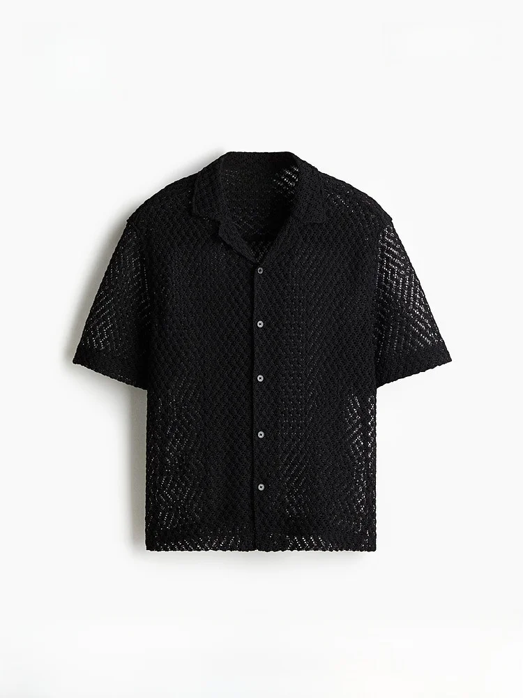 

H&M Men's Loose Fit Cuban Collar Shirt Summer 2026 Short Sleeve Polyester Cotton Blend Button up Regular Length Open Cardigan