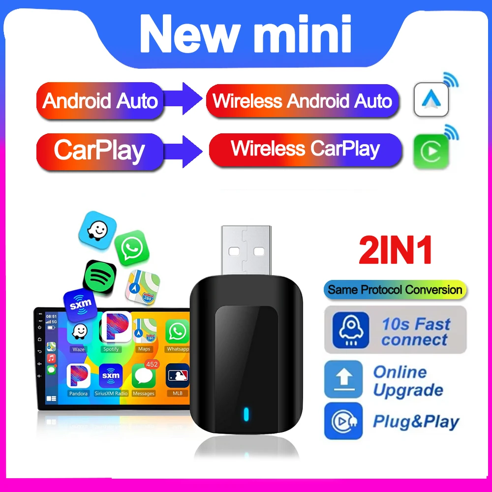 Carplay Android Auto Wireless Adapter for Toyota Mazda Nissan Camry Suzuki Subaru Citroen Audi Mercedes Kia Ford Opel Spotify BT