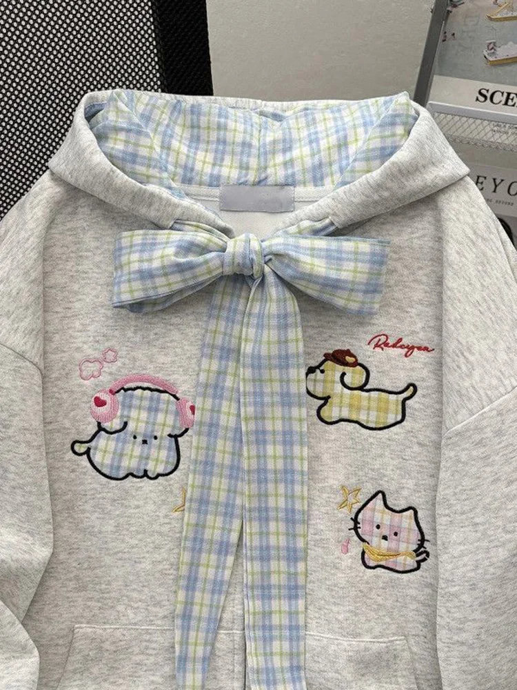 Fall Cartoon Cute Hoodies Women Vintage Long Sleeve Kawaii Preppy Style Sweatshirts Plaid Lace Up Patchwork Female Japan Tops