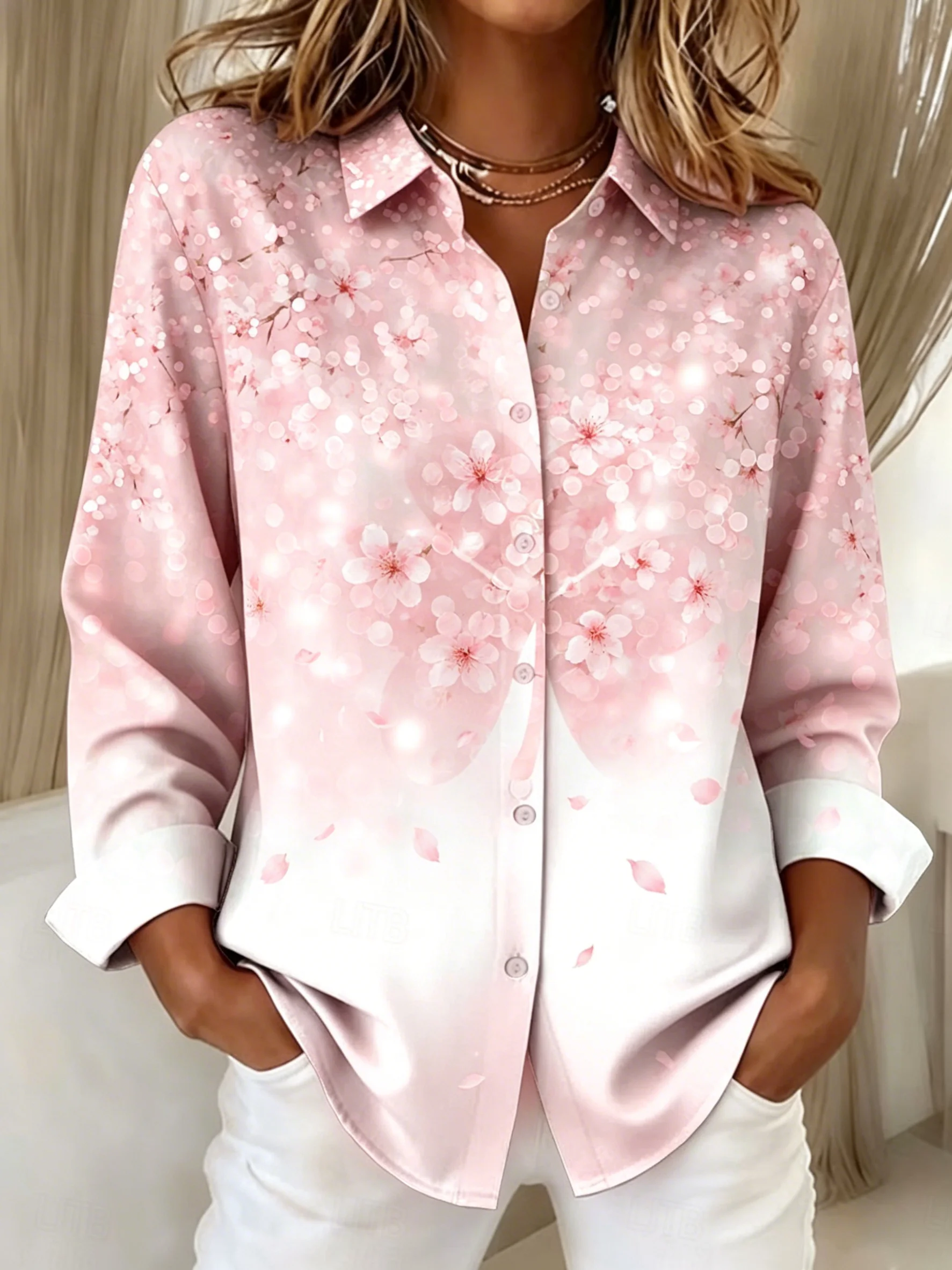 

Women's Long Sleeve Cherry Blossom Print Button Down Casual Shirt Elegant Daily Blouse Tops in Pink for Spring Summer