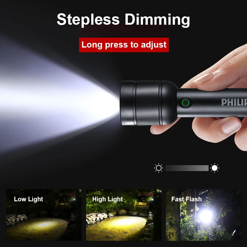 Philips Stepless Dimming Flashlight Ultra Bright Portable Camping Light 4 Lighting Mode IP55 Waterproof Light for Indoor Outdoor