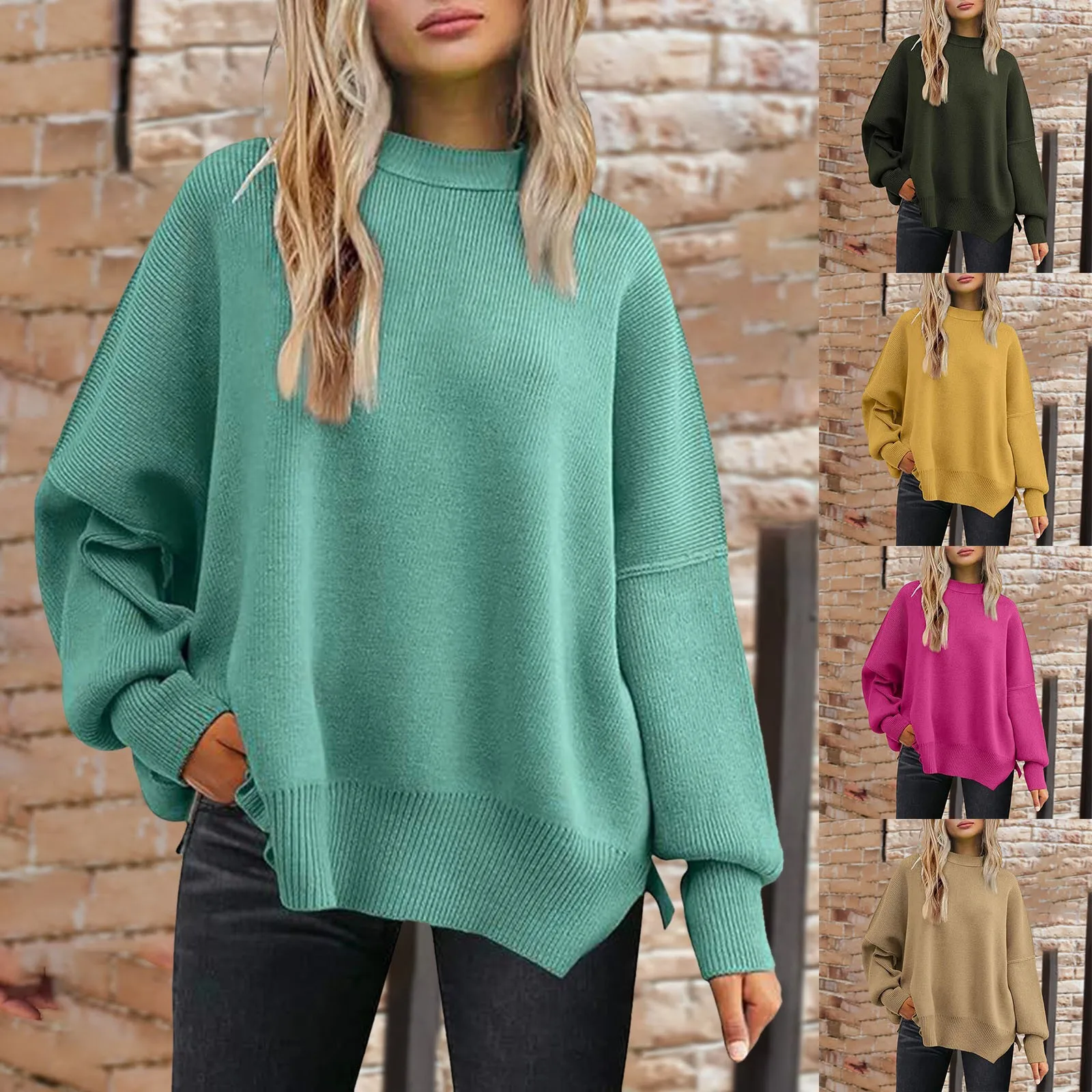 

2024 Women's Crew Neck Long Sleeve Sweaters Oversize Ribbed Knit Side Slit Pullover Tops Solid Color Warm Autumn Winter Pullover