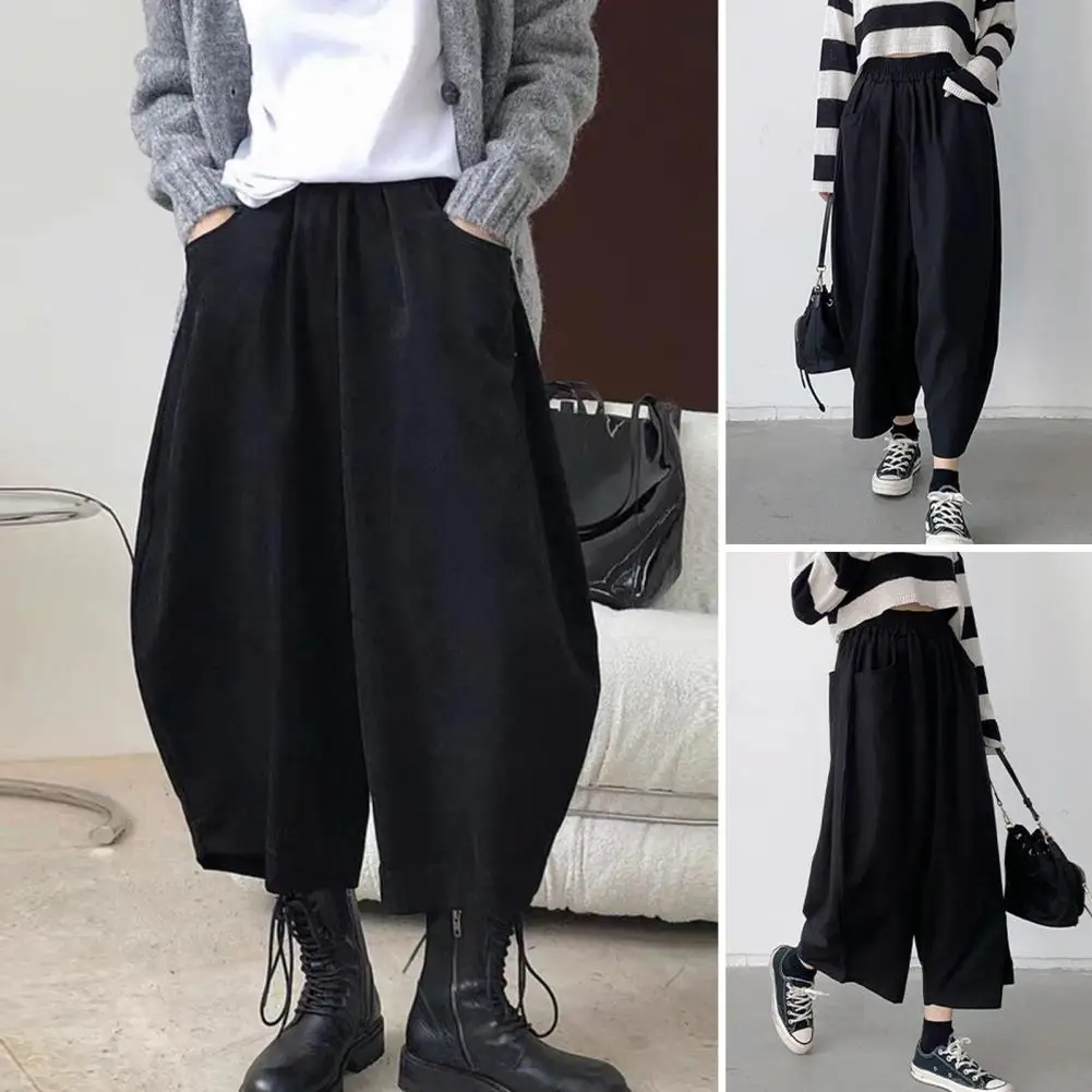 

Women Bloomers Casual Wide-leg Pants Elastic High Waist Women's Harem Pants with Pockets Solid Color Wide Leg for Streetwear