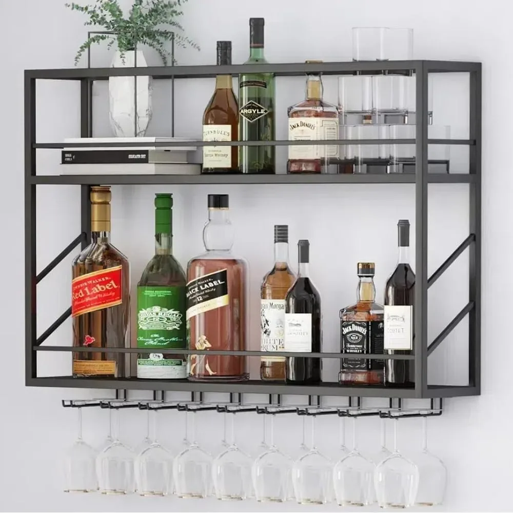 

Two-Level Wall-Mounted Wine Rack with Glass Holder for Home, Restaurant, and Bar - 39.3 Inches Wide x 7.8 Inches Deep Storage So