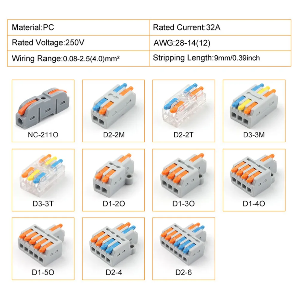 5PCS Fast Universal Lever Wire Connector Push-in Terminal Block Docking Electrical Connection Multi-spec Compact Splitter 250V