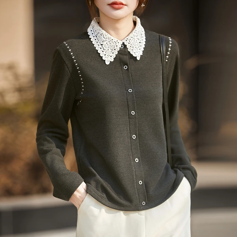 

Женская блузка с вырезом-поло и ажурным узором De Rong, весенне-осенняя модная блузка с длинными рукавами, простая офисная рубашка для женщин