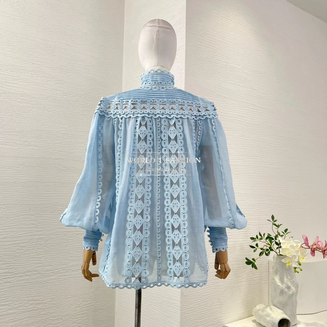 

White Long Sleeve Embroidery Beading Cut Out Blouse Tops 2025 New Design