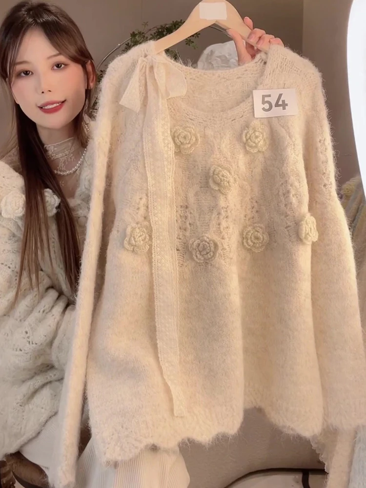 الكورية Sle الجوف خارج ثلاثية الأبعاد زهرة محبوك سترة المرأة فضفاضة كسول Sle سترة علوية الخريف الشتاء جديد وصول ملابس خارجية