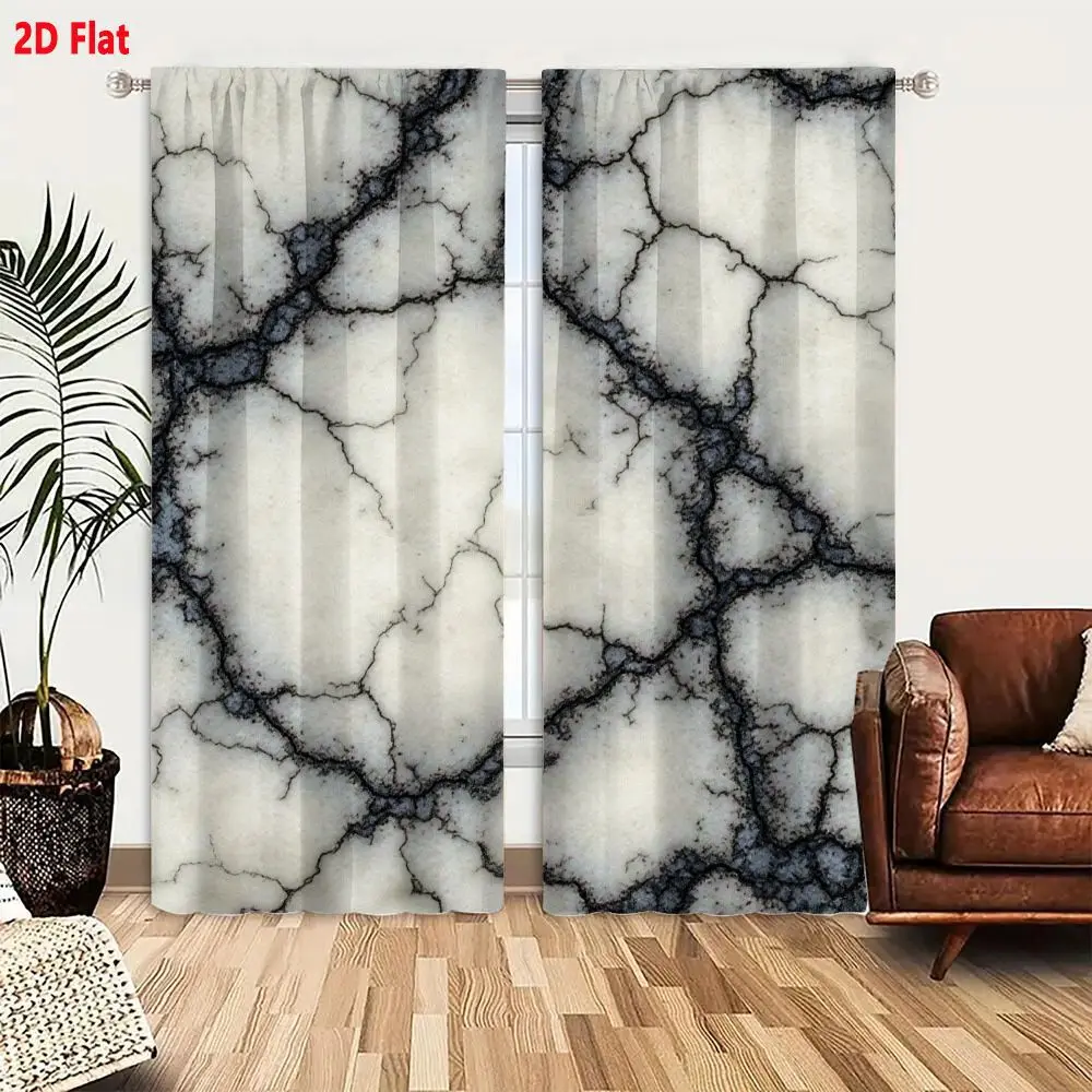 2Pcs Curtains 2D Flat White Marble Surface With Intricate Dark Veining Patterns Window Drapes for Bedroom Room Decor Decoration