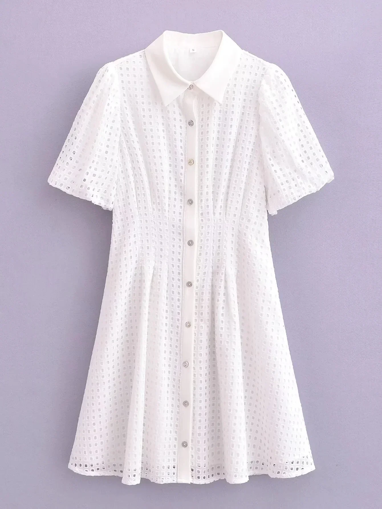 Chicheca Hollow Out Cotton White Summer Dress for Women 2024 Short Sleeve Buttons Shirt Dress Beach Party Short Sundress A-line