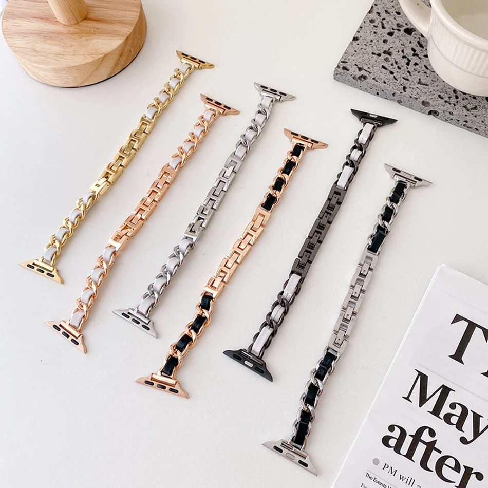 Correa de cuero de una sola cadena de lujo para Apple Watch Ultra 49 mm iWatch Series 7 8 6 SE 4 5 3 38/40/41 mm 42/44/45 mm Pulsera de acero inoxidable Moda INS