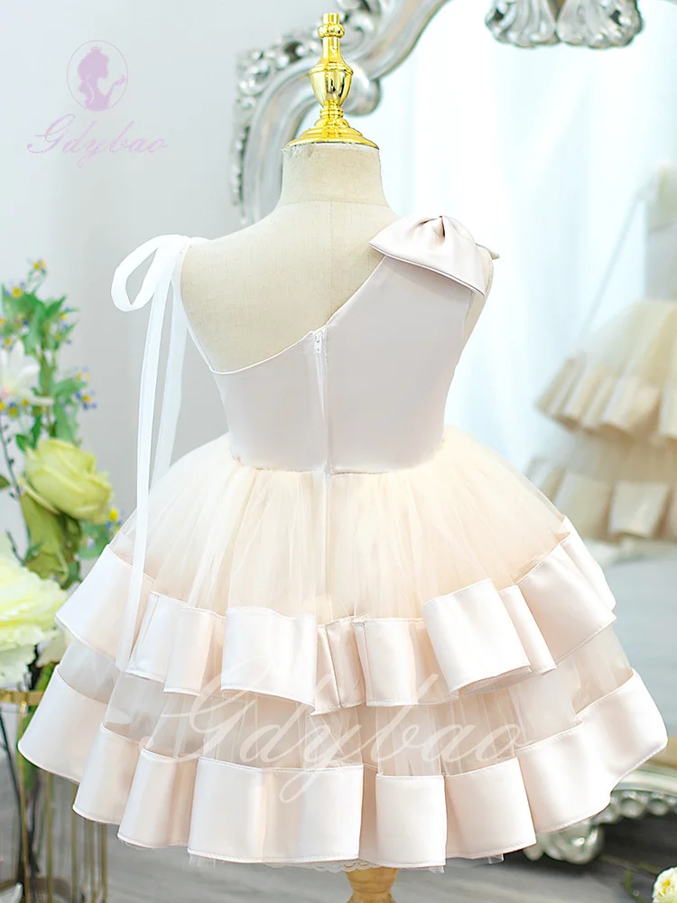 Ruffles ดอกไม้สาวชุดสําหรับงานแต่งงาน Puffy Mini ไหล่เดี่ยวโบว์เด็กวันเกิด First Communion เด็กเจ้าหญิงชุด